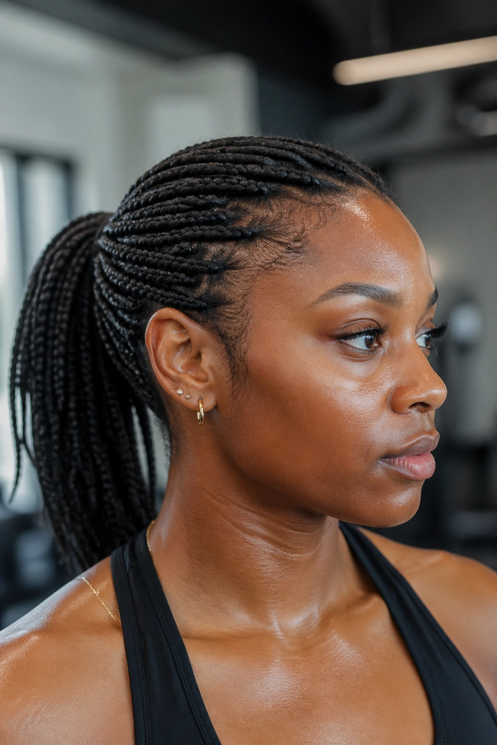 Real person with a secure, tight ponytail ready for workouts.