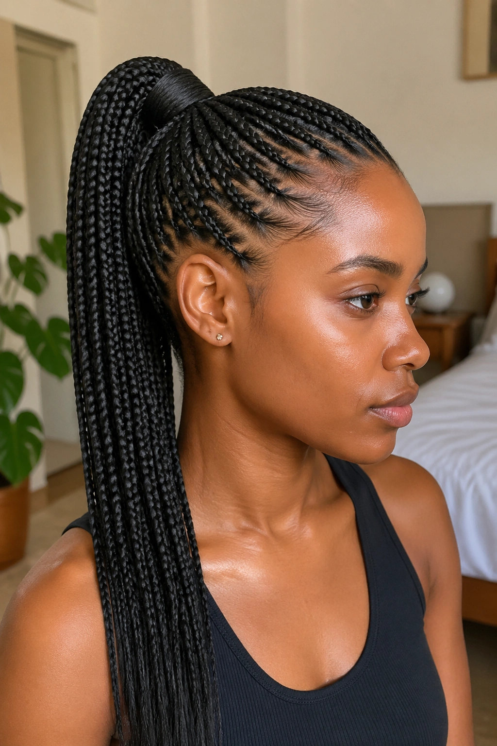 Close-up of a real woman with a wrapped-base braided ponytail in a cozy bedroom