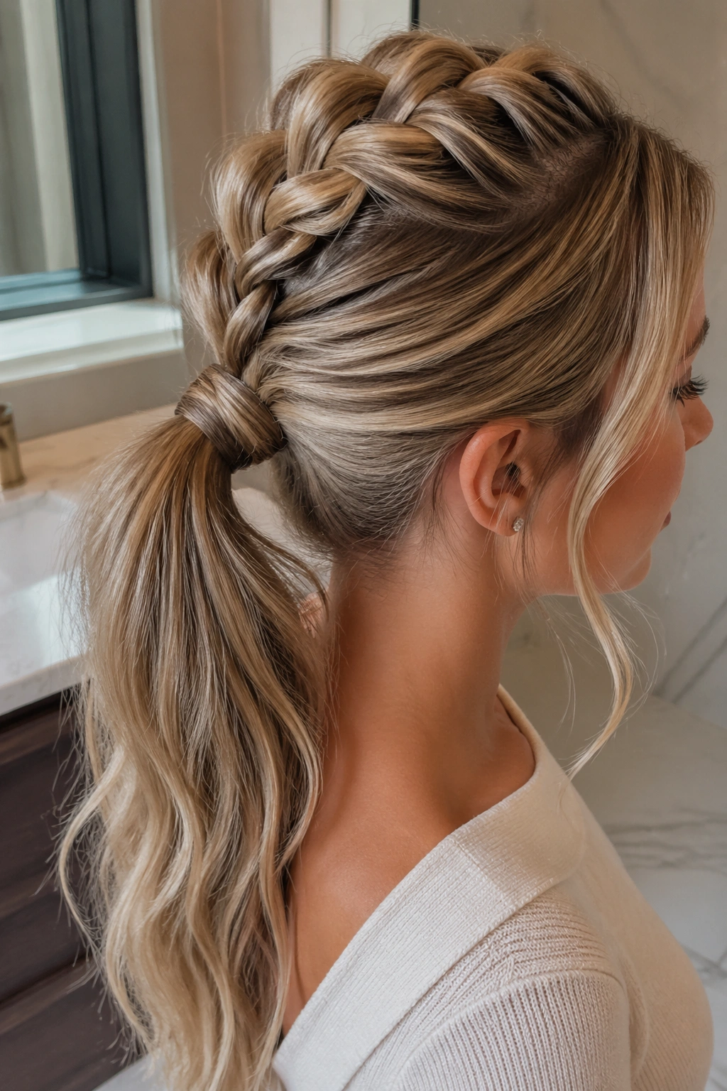 Close-up of a real woman with a wrapped-base butterfly braid ponytail and hidden pins