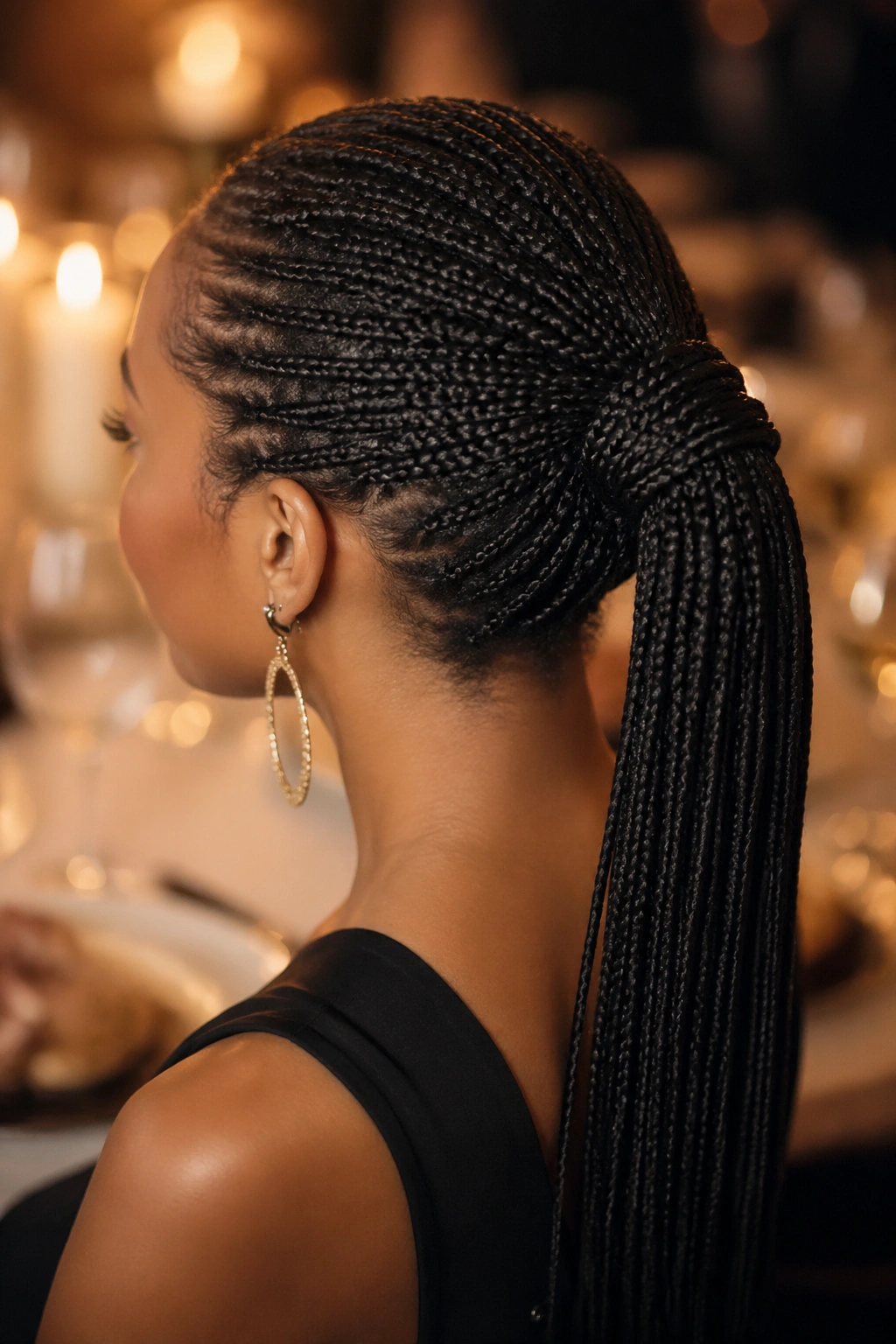 Close-up of wrapped-base ponytail showing base wrap concealment
