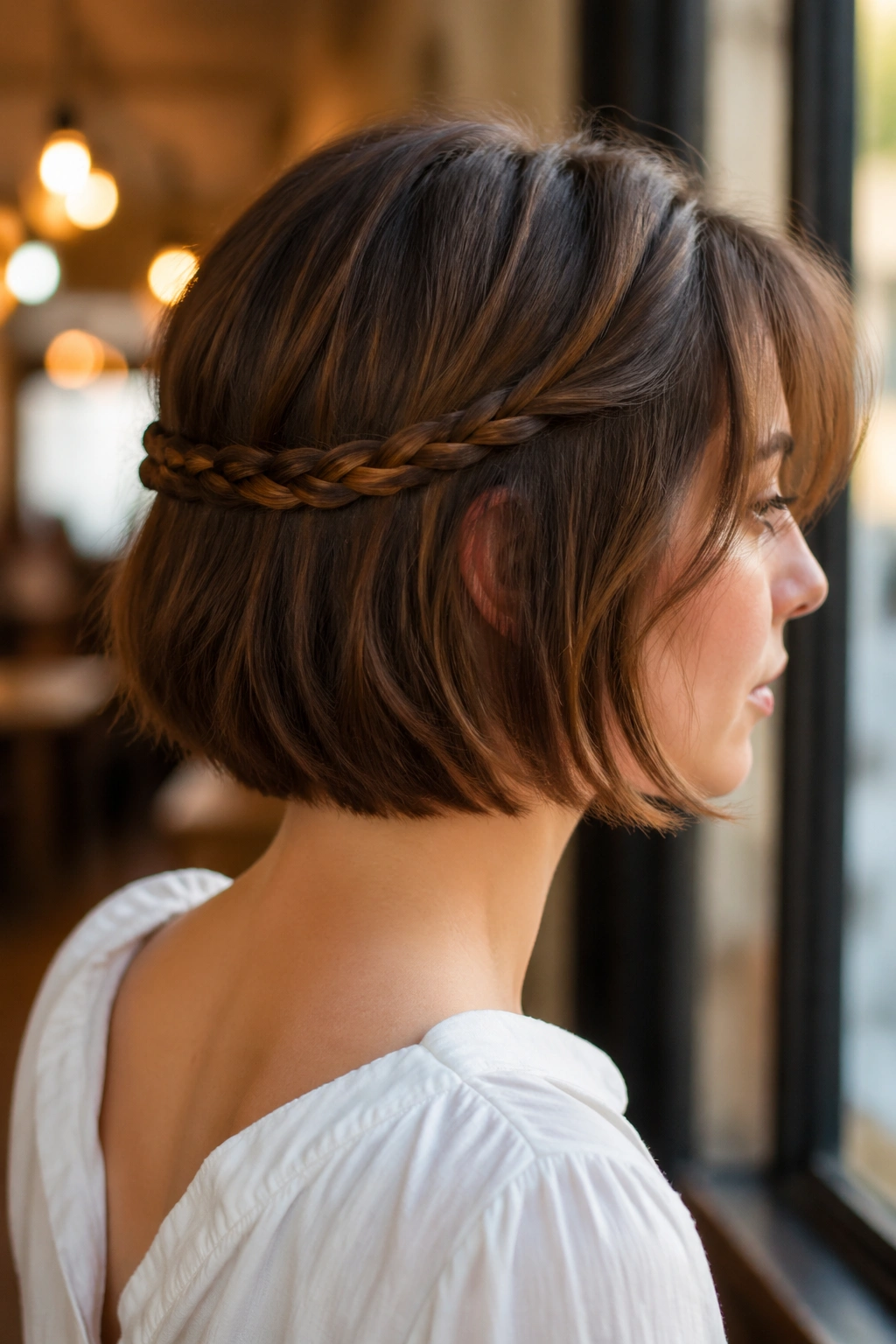 Close-up of a real person with a wrapped braid around the back of a bob