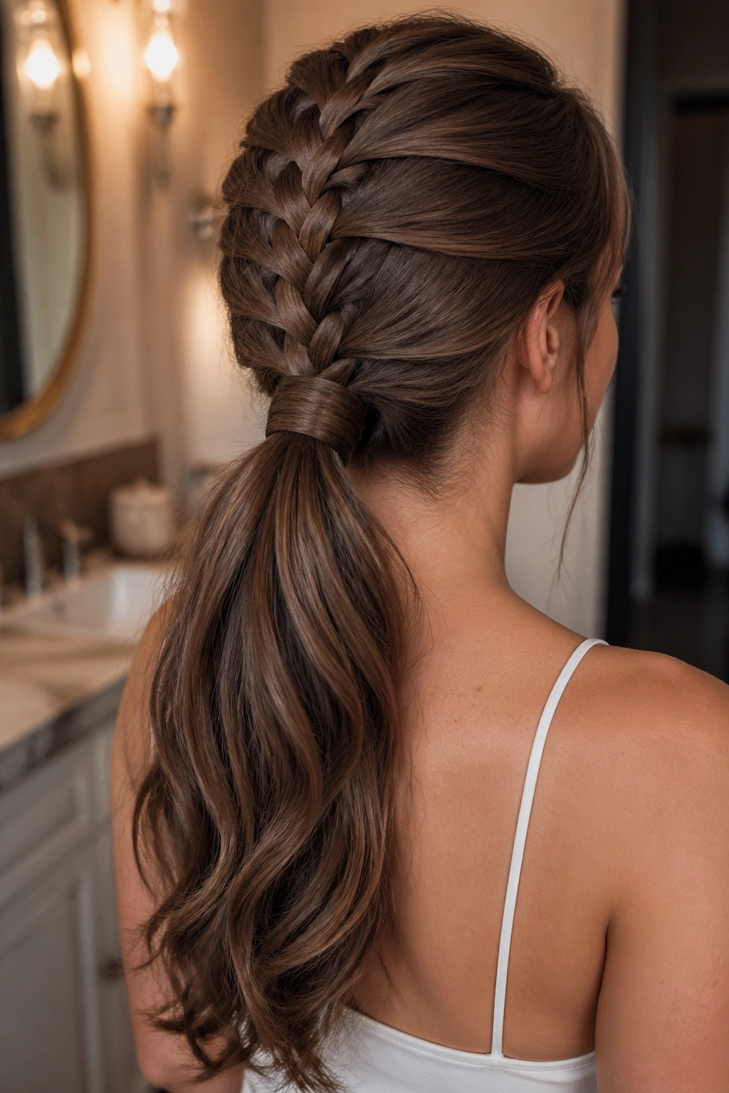 Close-up of a real woman with wrapped elastic French braid ponytail