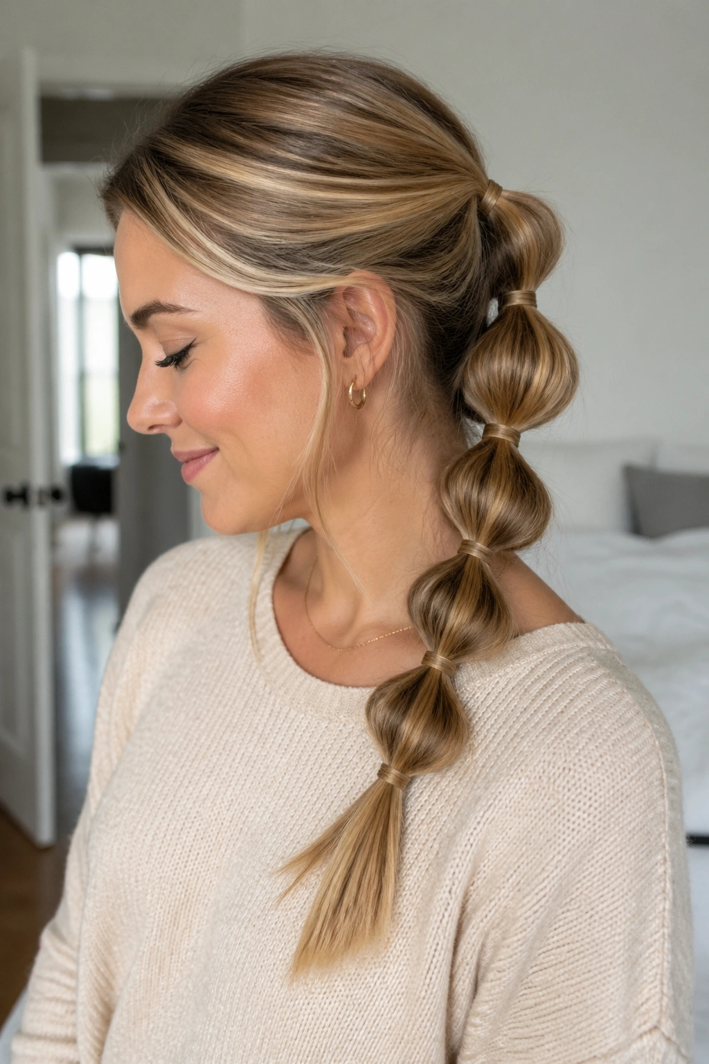 Wrapped-elastic bubble braid showing wrapped strands and hidden elastic on a real person