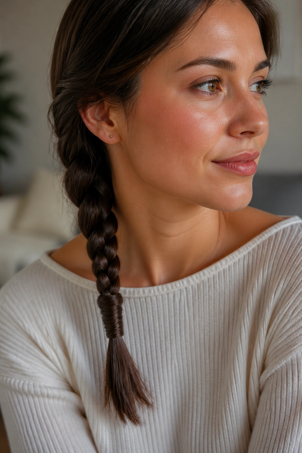 Close-up of a real person with a wrapped-end braid finish.