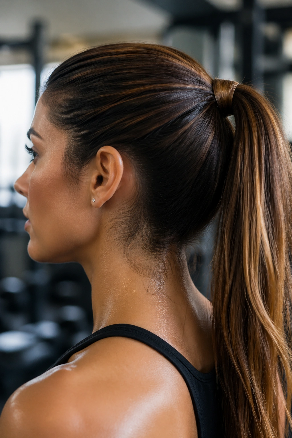 Close-up of wrapped ends ponytail on a real woman in gym setting