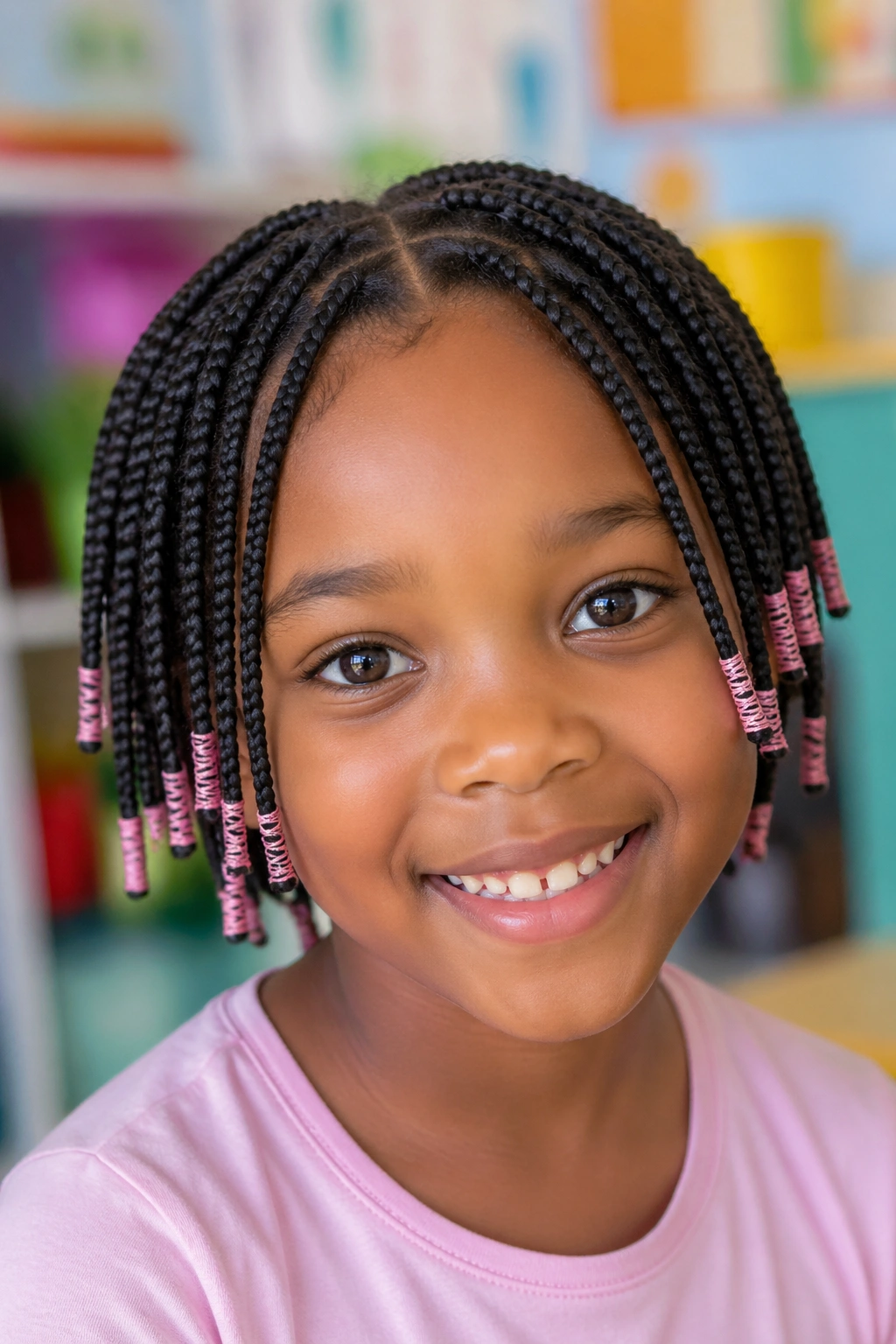 Close-up of a child’s short box braids with wrapped ends in a bright room