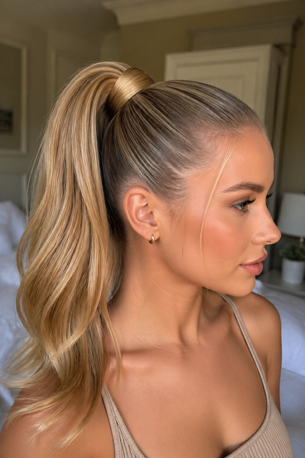 Close-up of wrapped high ponytail on a real woman with honey blonde hair