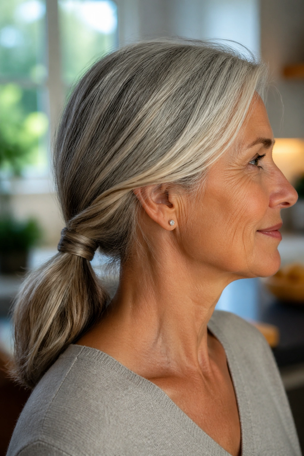 Close-up of a real woman with a wrapped low ponytail.