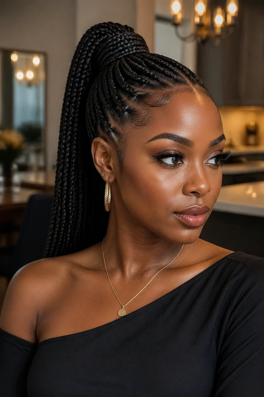 Real woman with braided-wrapped base around ponytail in medium box braids.