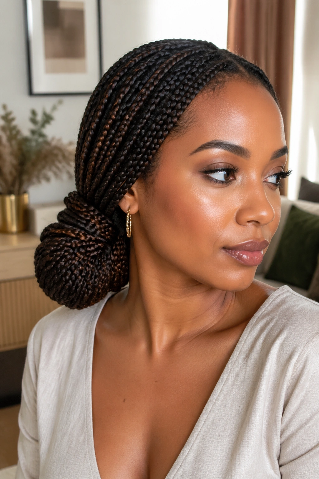 Close-up of a real person with a wrapped side chignon