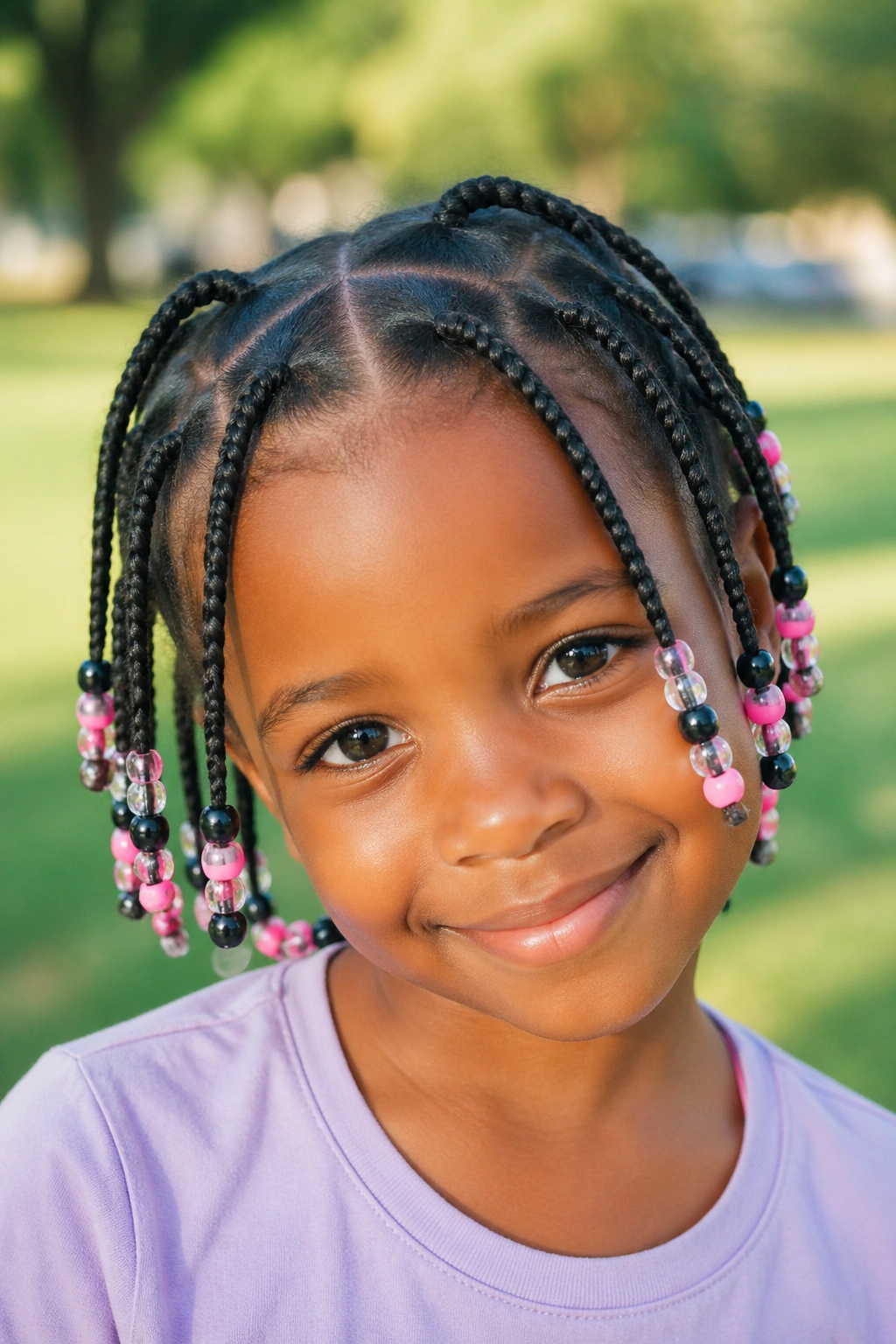 Close-up of a child with X-part braids and spacer beads