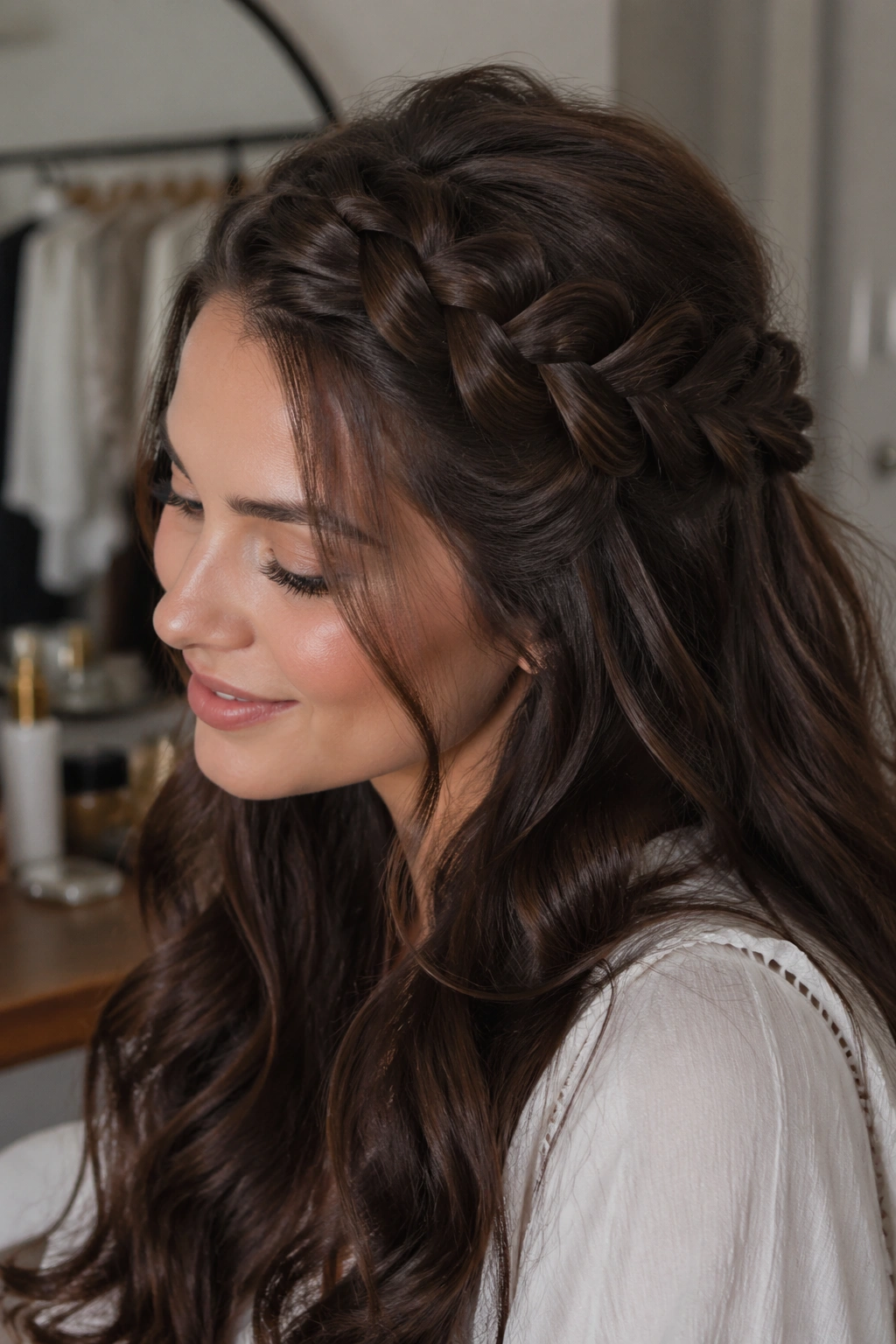 Close-up portrait of a real woman with a large half-up French braid on thick hair