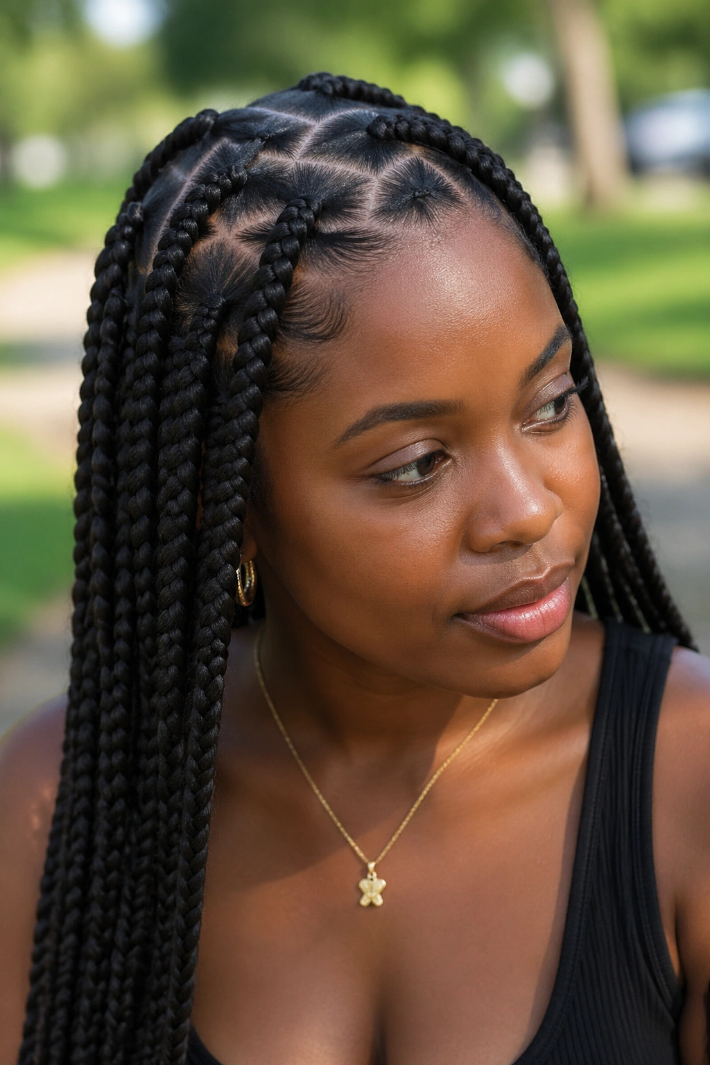 Close-up of a real woman with zig-zag part braids showing playful part lines.