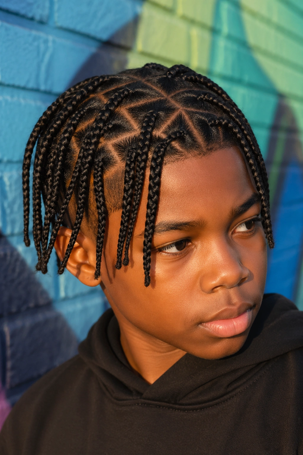 Portrait of a real boy with zig-zag part medium box braids