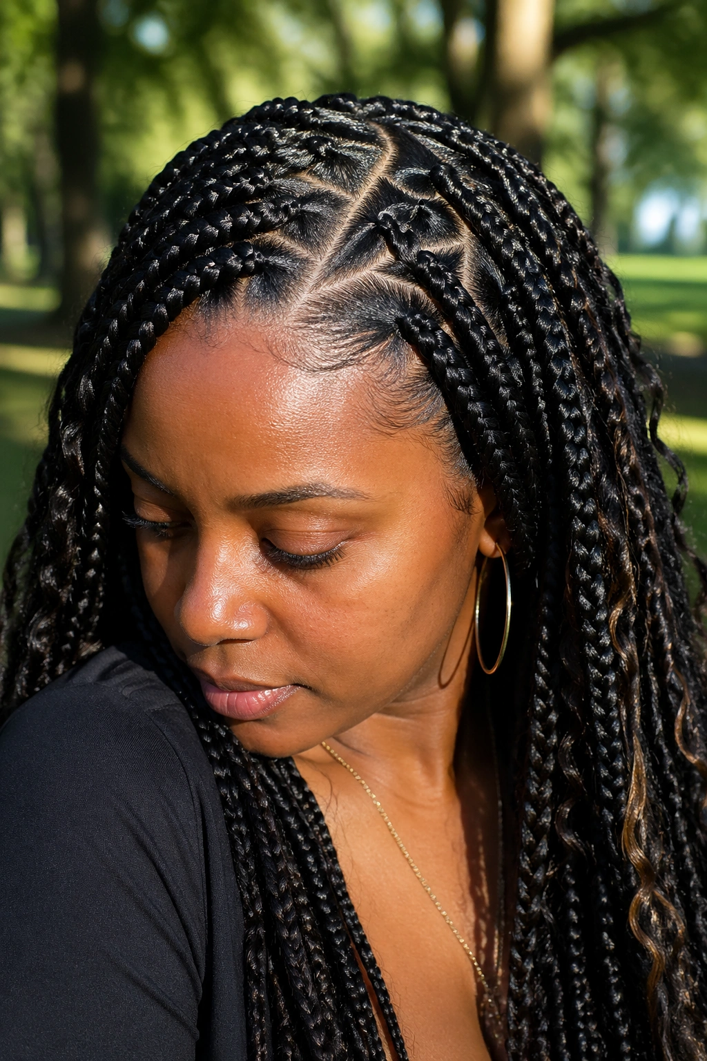 Real woman with zig-zag part goddess braids filling the frame