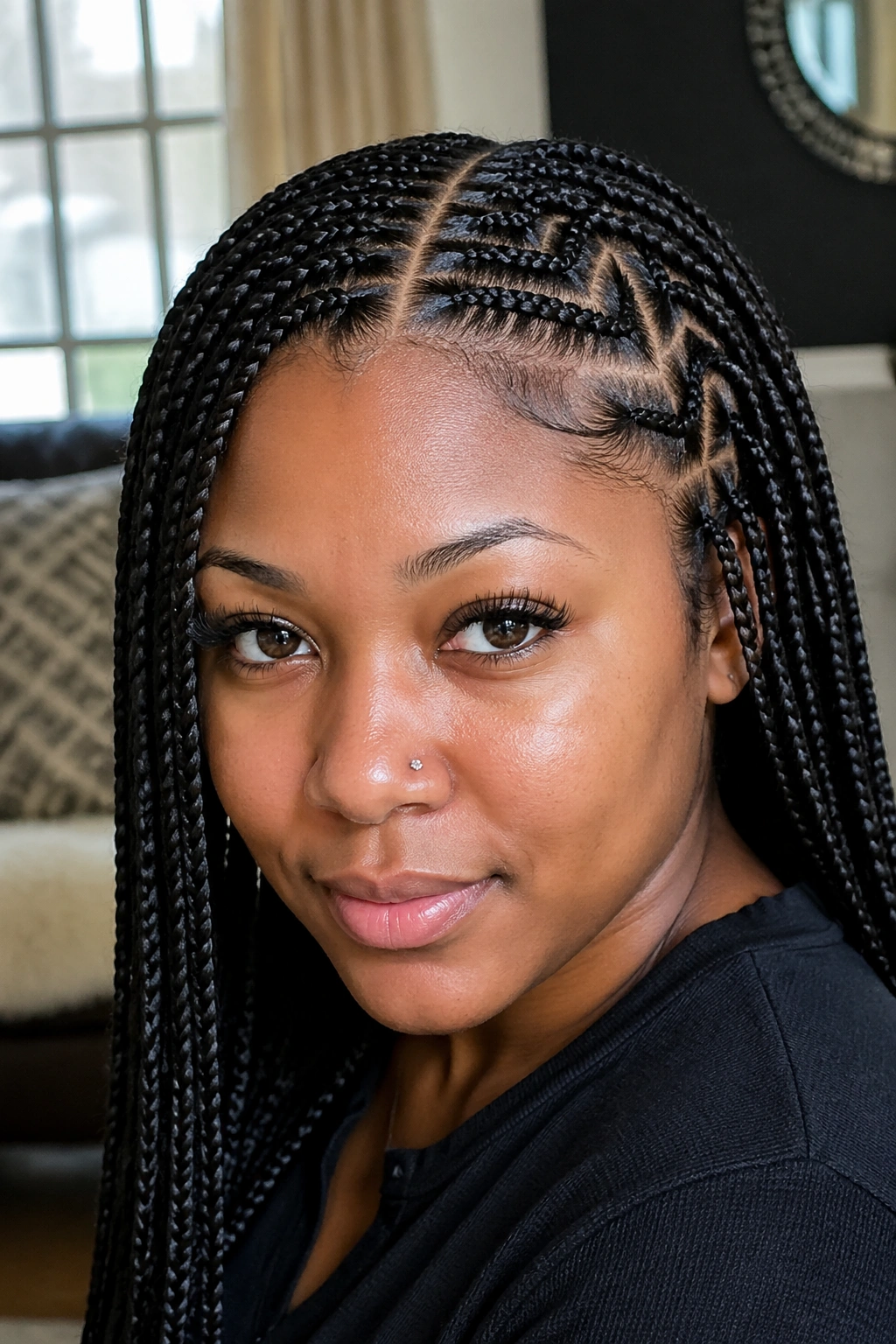 Close-up of a real woman with zig-zag side braid details and a crisp middle part.