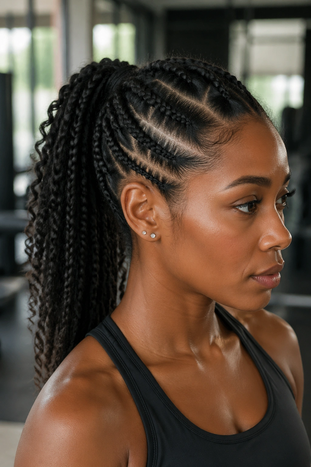 Close-up of a real woman with a zigzag-part braid ponytail in a gym setting