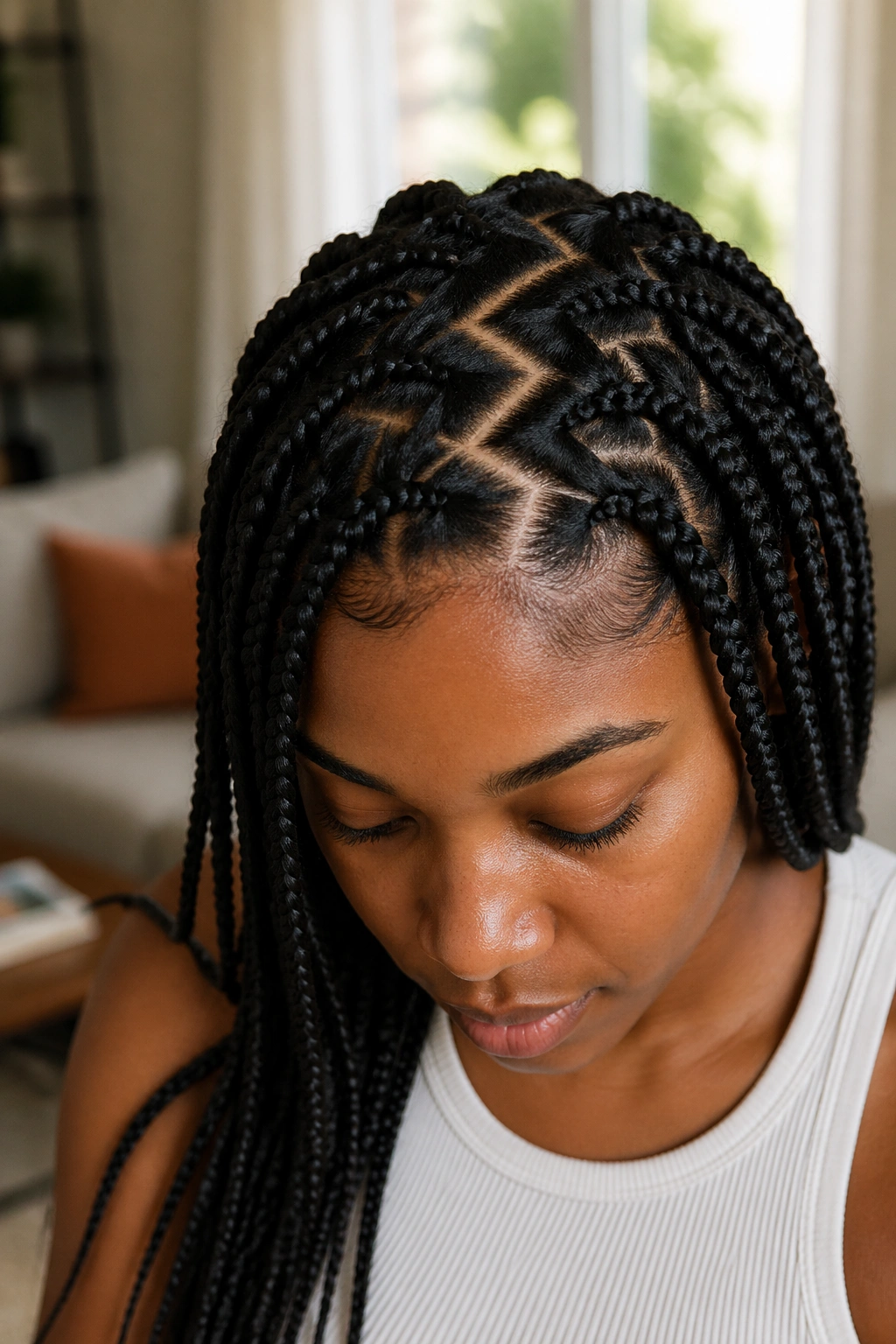 Close-up of zigzag part braids on a real person