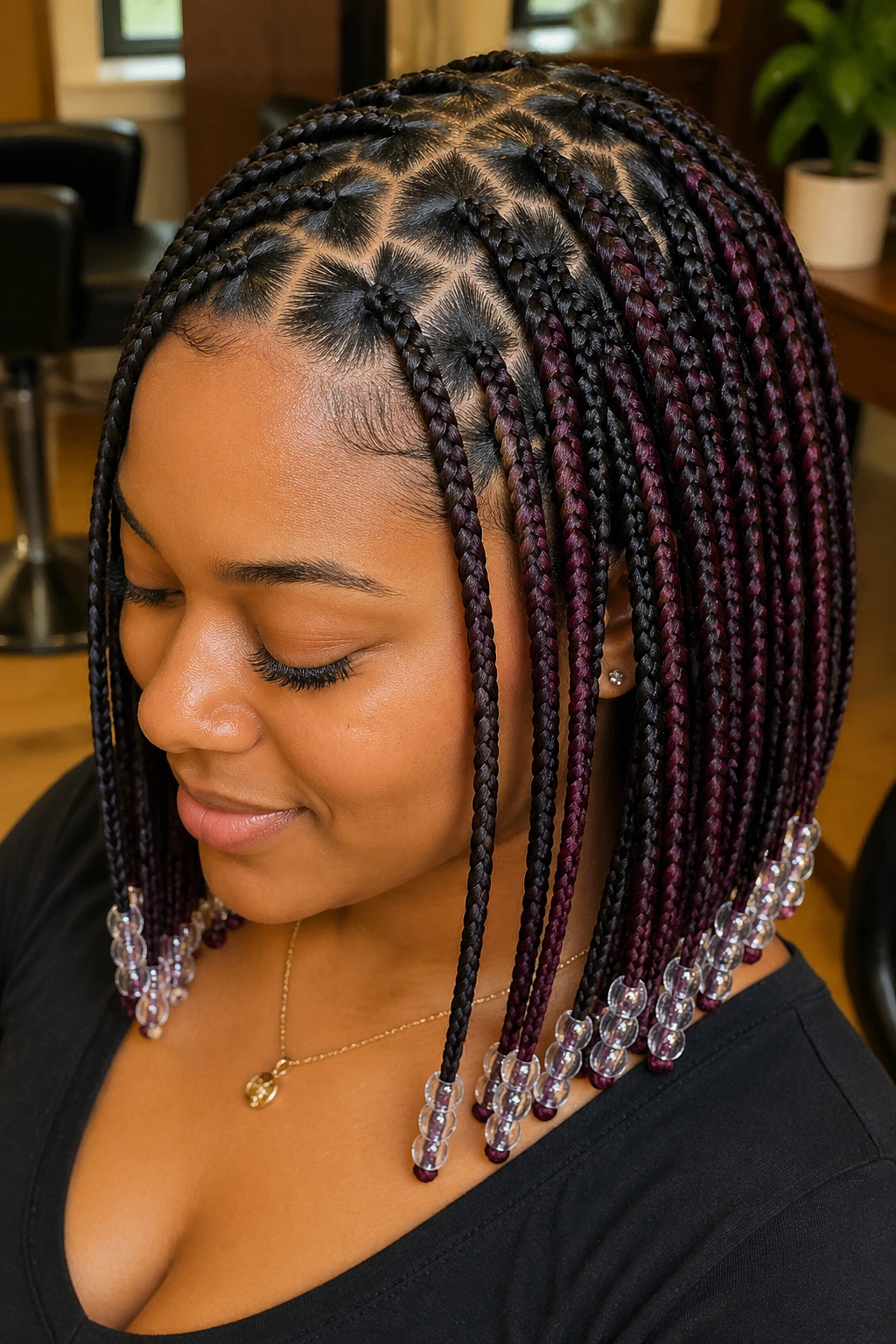 Close-up portrait of a real woman with zigzag-part knotless braids, plum peekaboo and crystal beads.