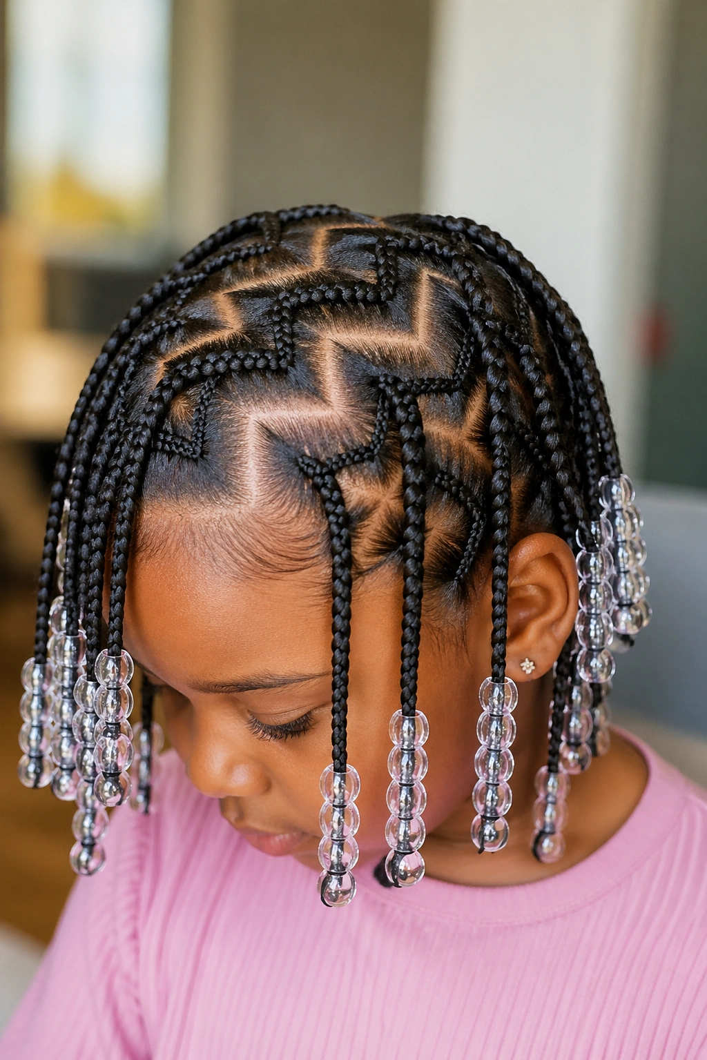 Close-up of a real child with zigzag-part braids and transparent beads