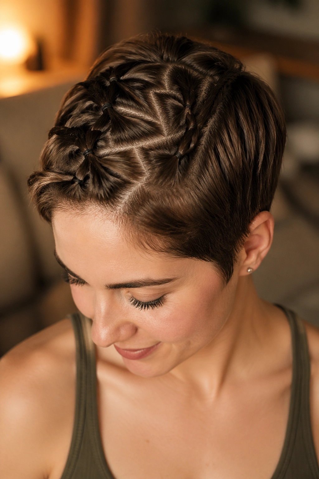Close-up of a real person with zigzag-part bubble braids for texture