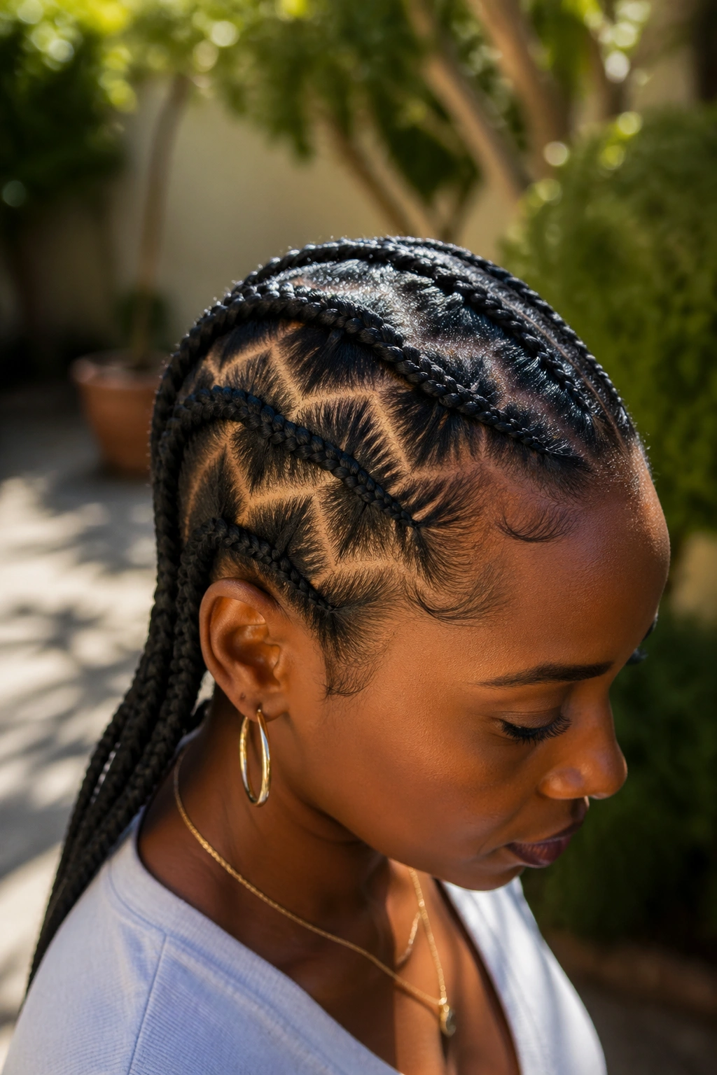 Close-up portrait of zigzag-part cornrows on a real person