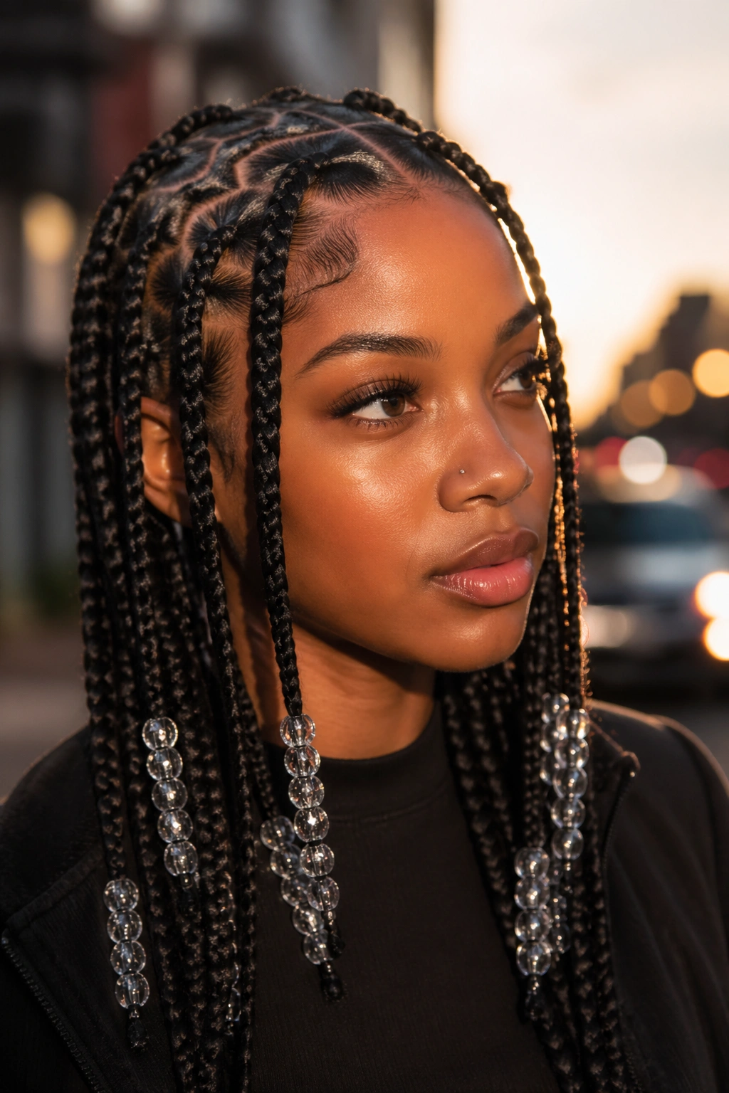 Close-up of a real woman with zigzag-part Fulani braids and crystal bead ends