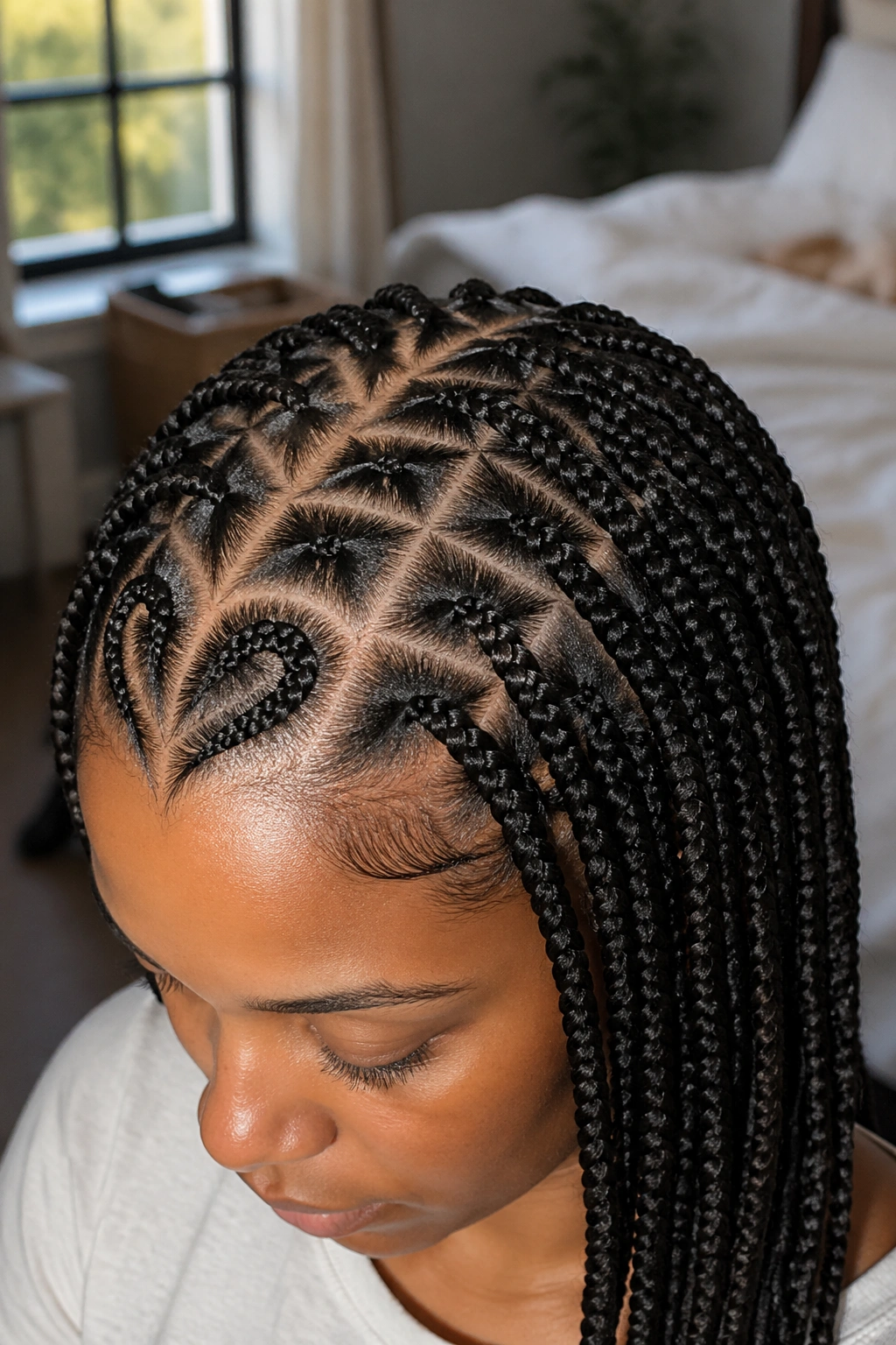 Close-up of real woman with zig-zag parting and heart accent knotless braids
