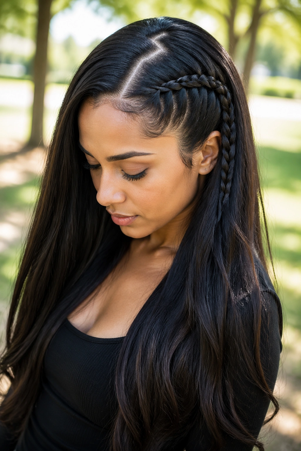 Close-up of a real woman with a zigzag part and lace braid on the side