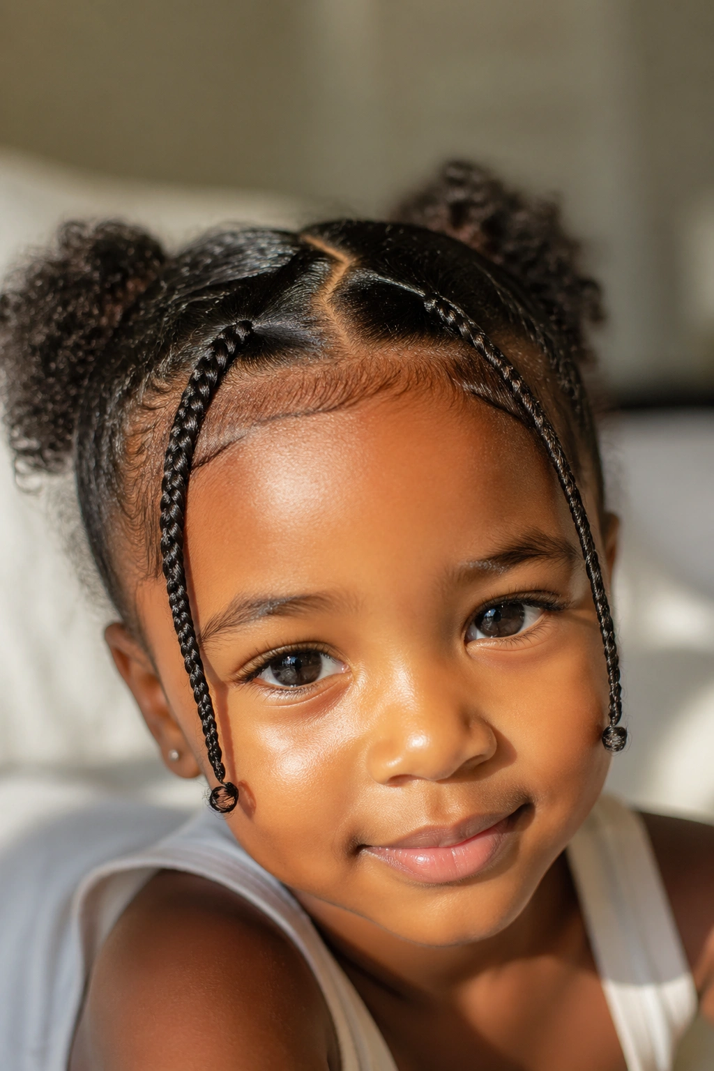 Close-up of real person with zigzag-part baby braids along the front hairline