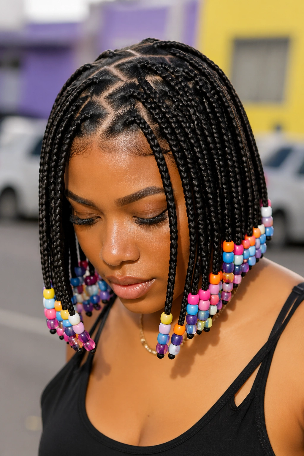 Close-up portrait of a real woman with zigzag-parted bob and multicolor beads