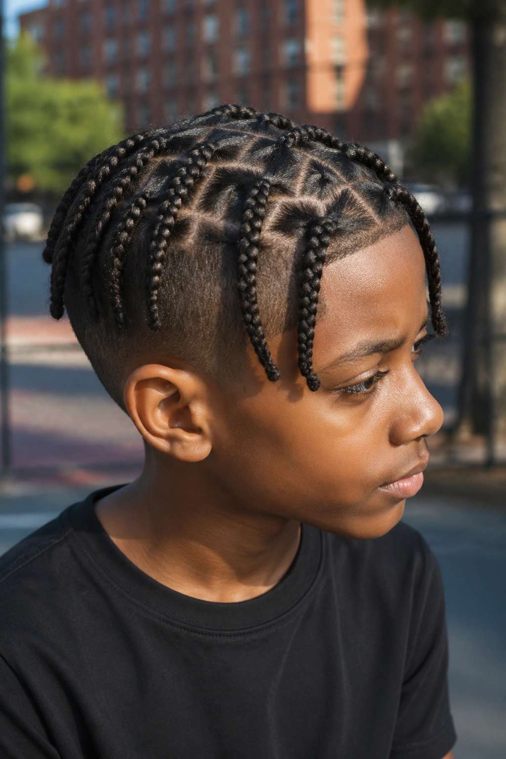 Real boy with zigzag-part box braids in an urban setting