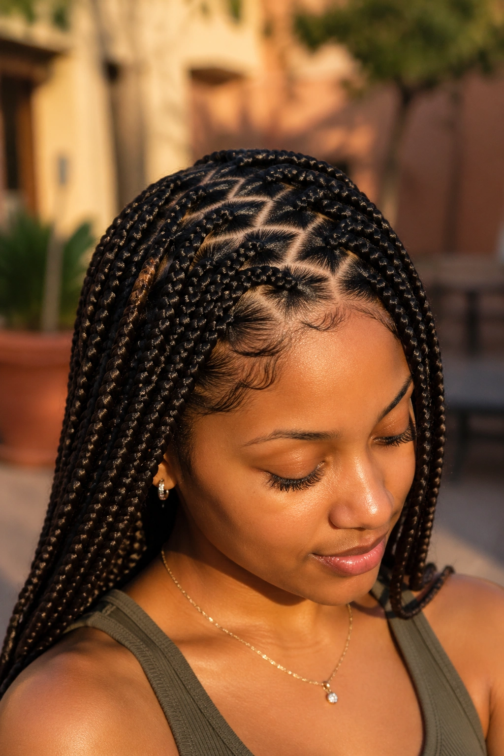 Close-up of a real woman with zigzag-part medium feed-in box braids
