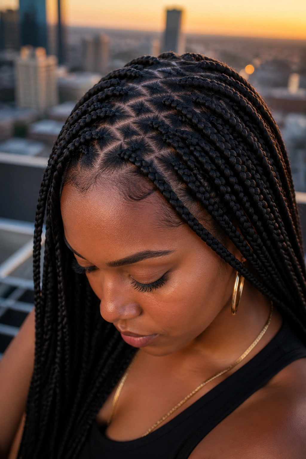 Close-up portrait of a real woman with zigzag-part box braids on an urban rooftop at sunset