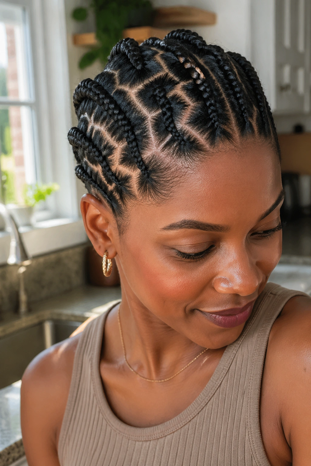 Real woman with zigzag scalp part and braided pattern