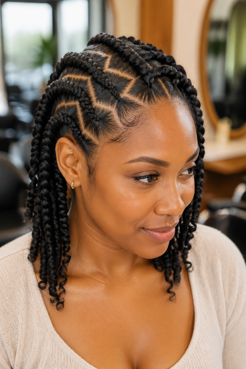 Close-up of a real woman with a zigzag-part braid-out, lifted roots and textured waves.