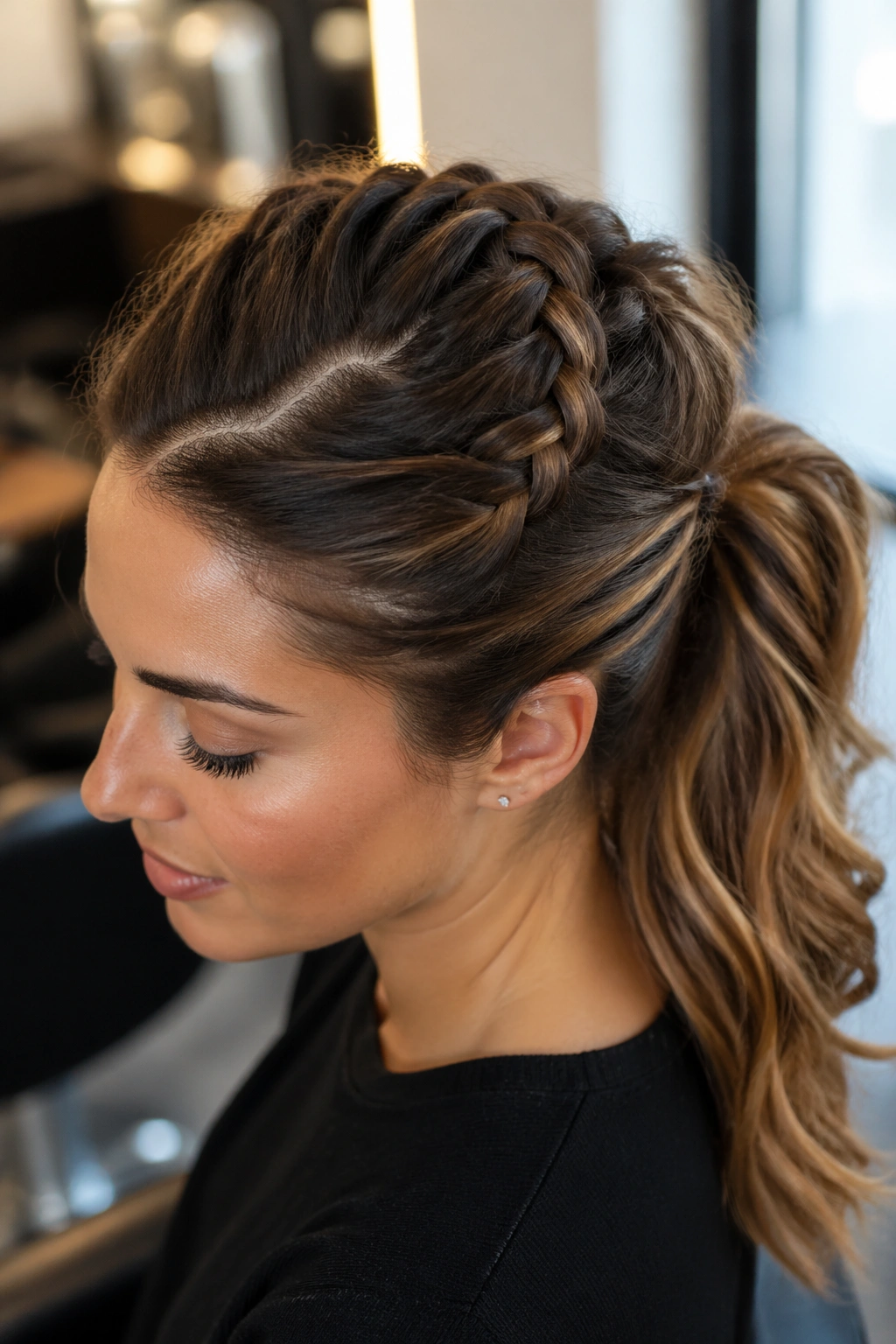 Close-up of a real woman with a zigzag-part French braid ponytail in a salon setting