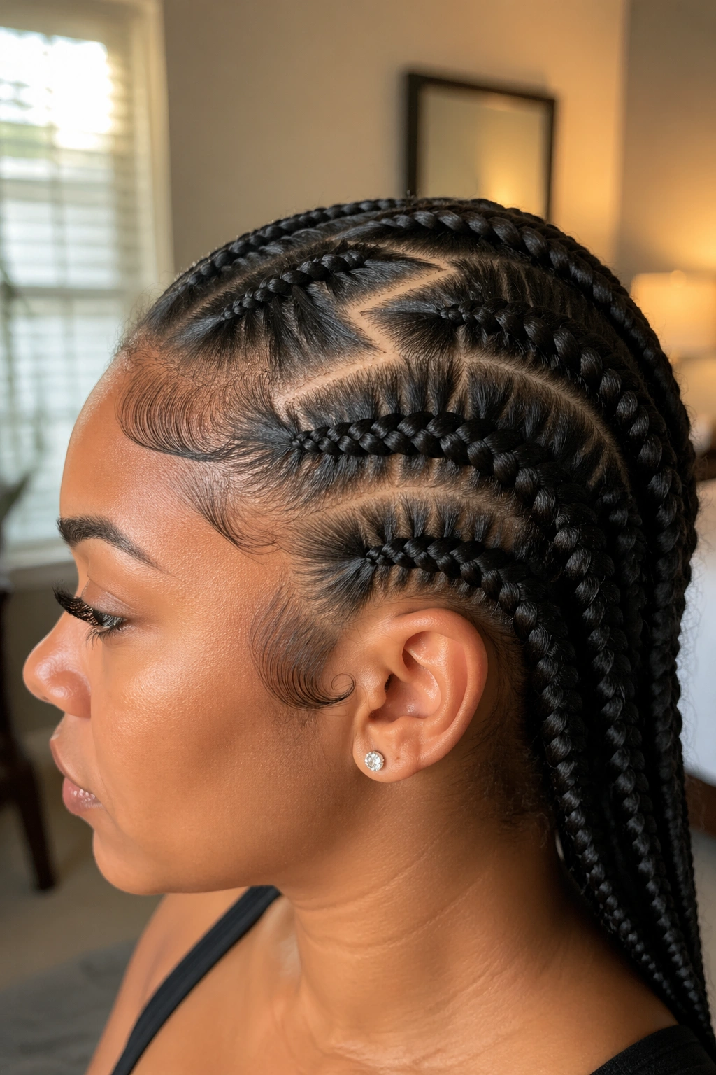 Side profile of a real woman with zigzag part braids on crown