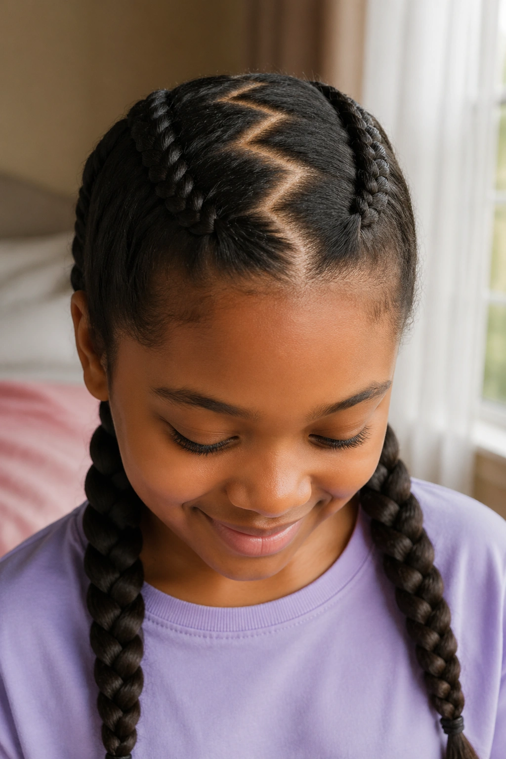 Close-up portrait of a school-age girl with a zigzag-part braids in two pigtails, warm window light