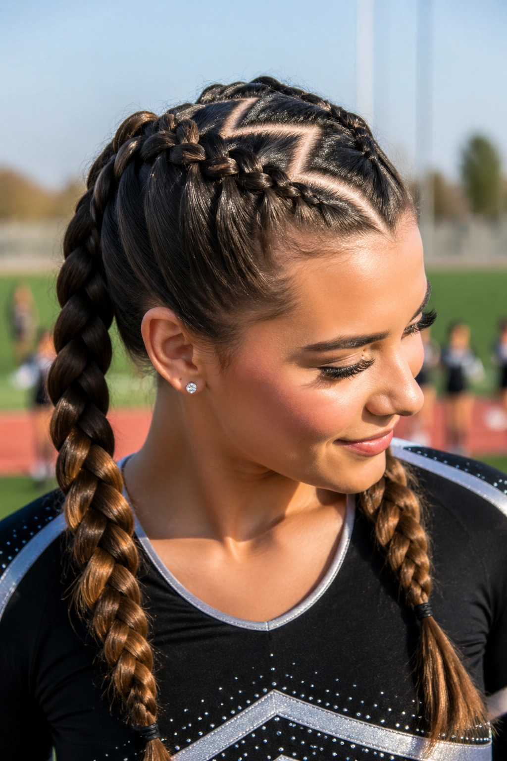 Close-up of a real woman's head with zigzag-part braided pigtails in an outdoor setting