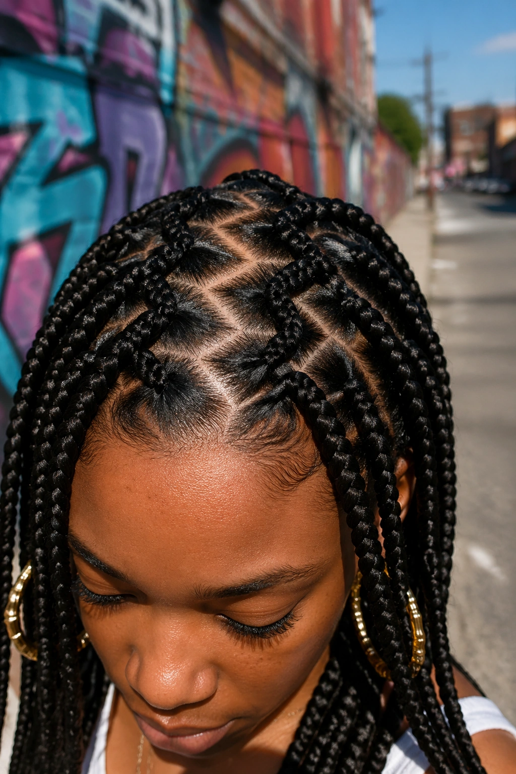 Close-up of a real woman with zigzag-part braids visible on the crown against a street backdrop