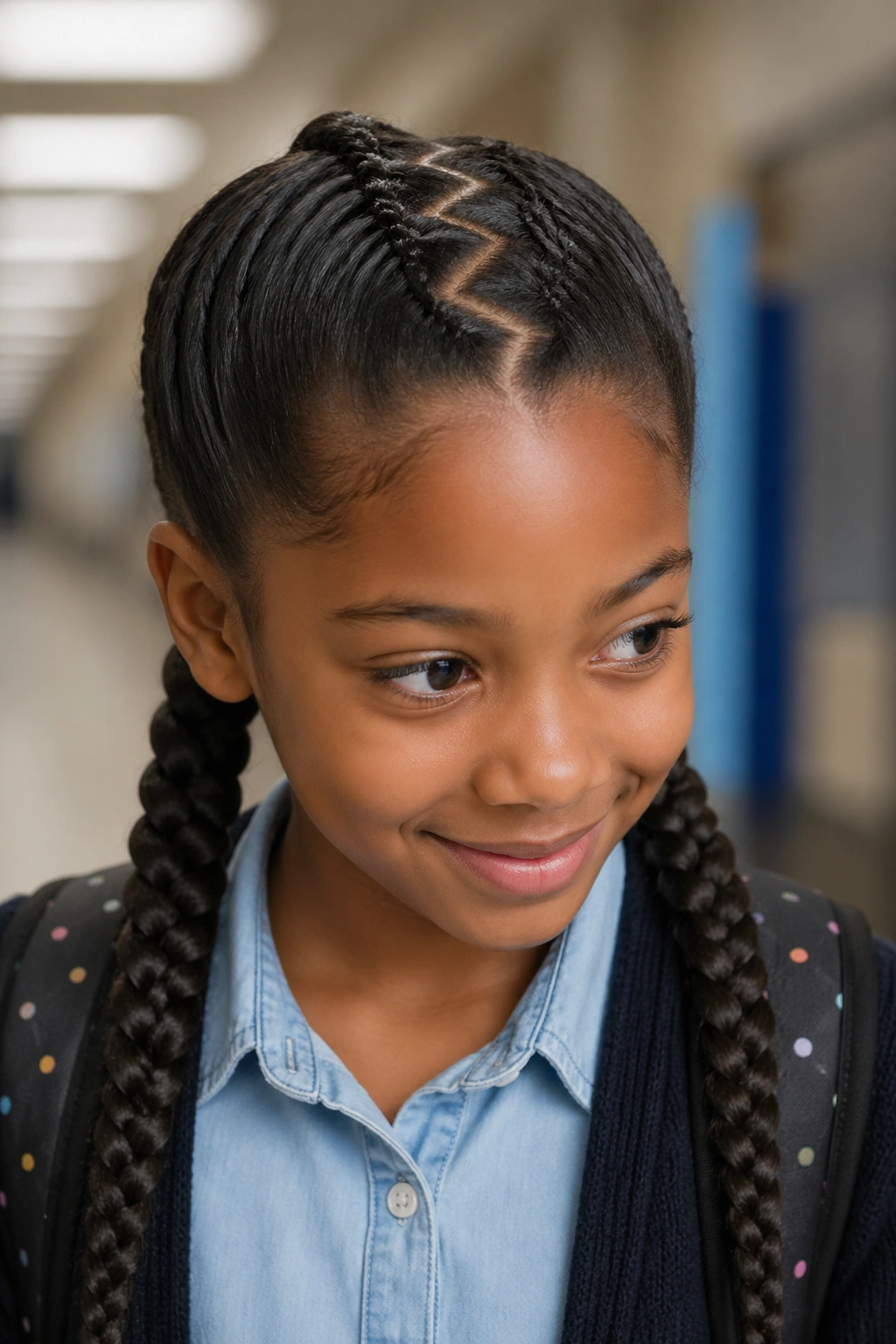 Close-up of a child with two braids along a zigzag part