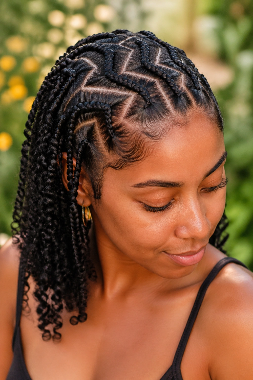 Close-up portrait of a real person with zigzag-part braids