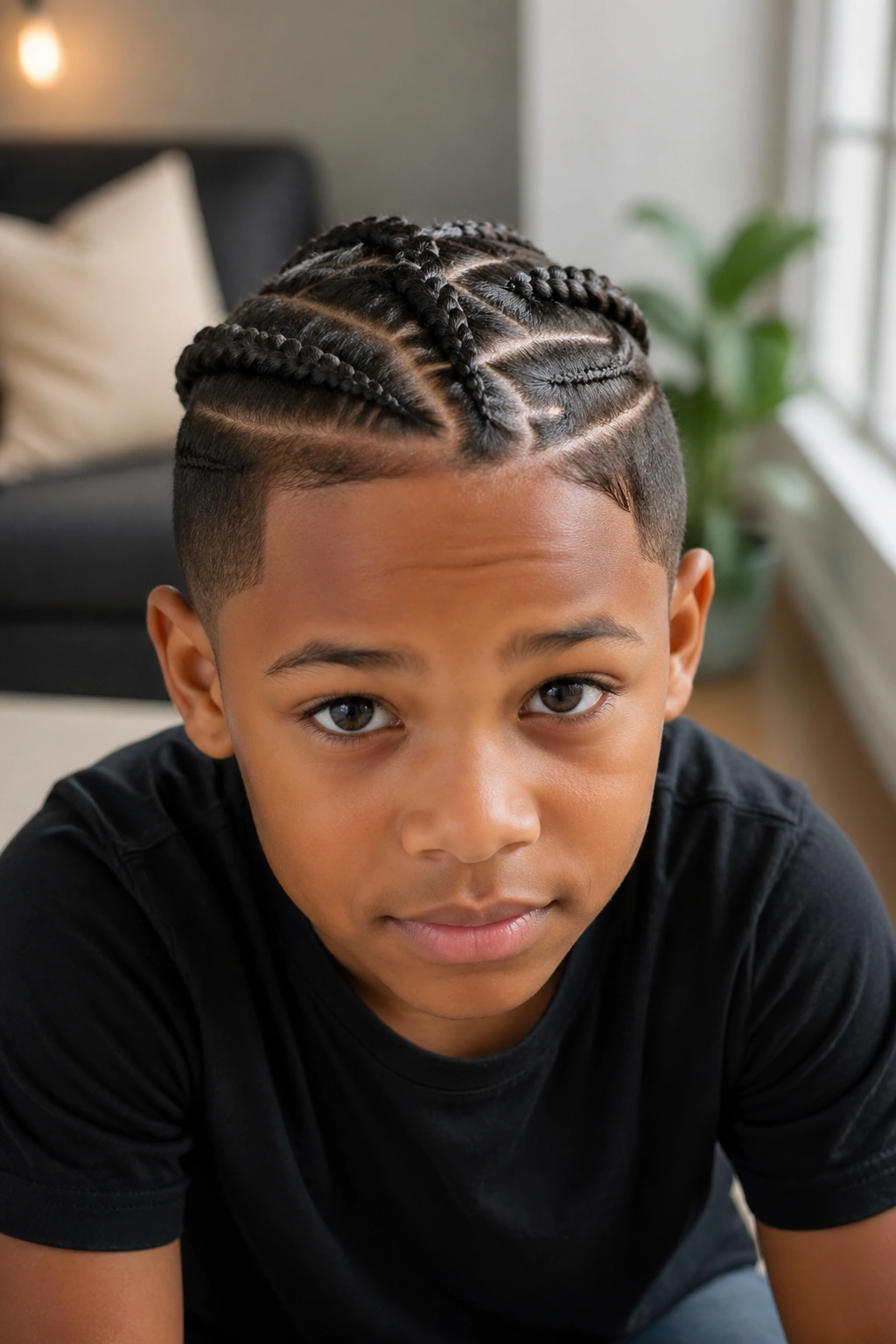 Close-up portrait of a boy with zigzag-part braids