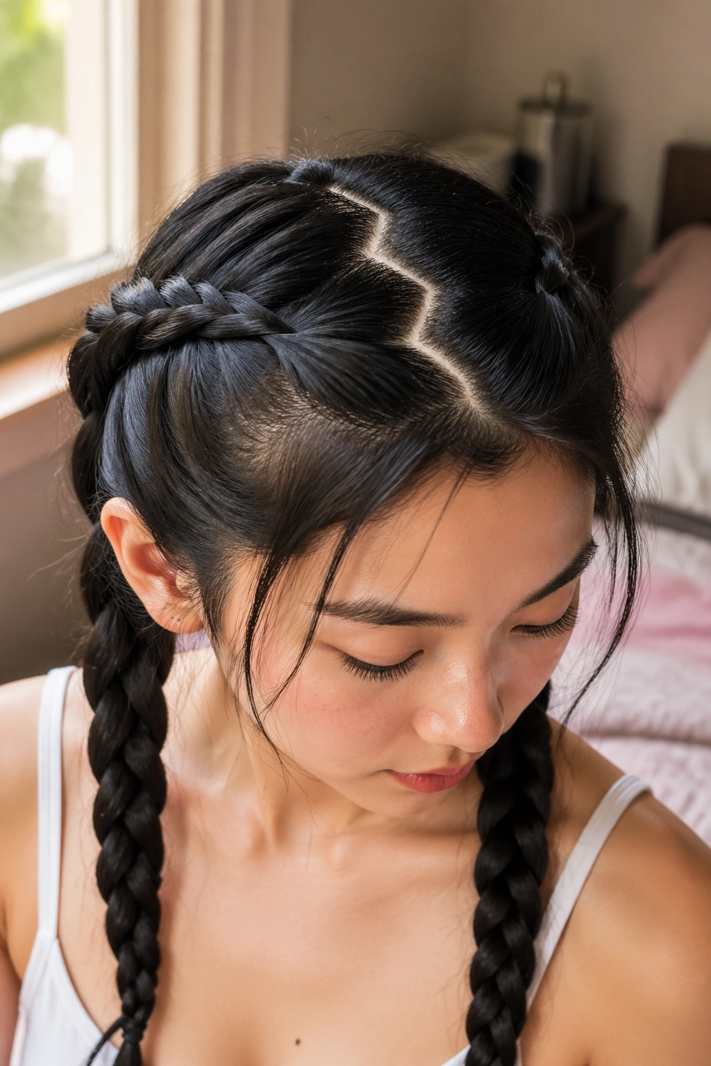 Close-up of real person with a zigzag-part and two braids showing scalp texture and part lines