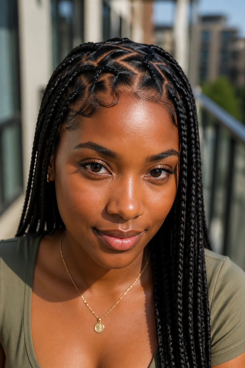 Real woman with zig-zag part braids showing crisp angled lines