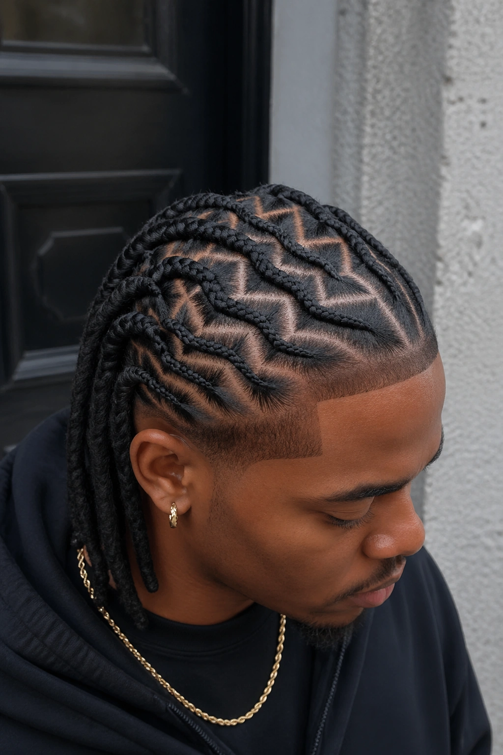 Close-up of a man with zigzag part braids on the scalp