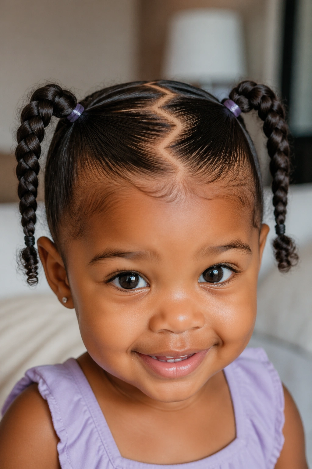 Close-up of a real toddler with zigzag-part pigtails braided to the crown