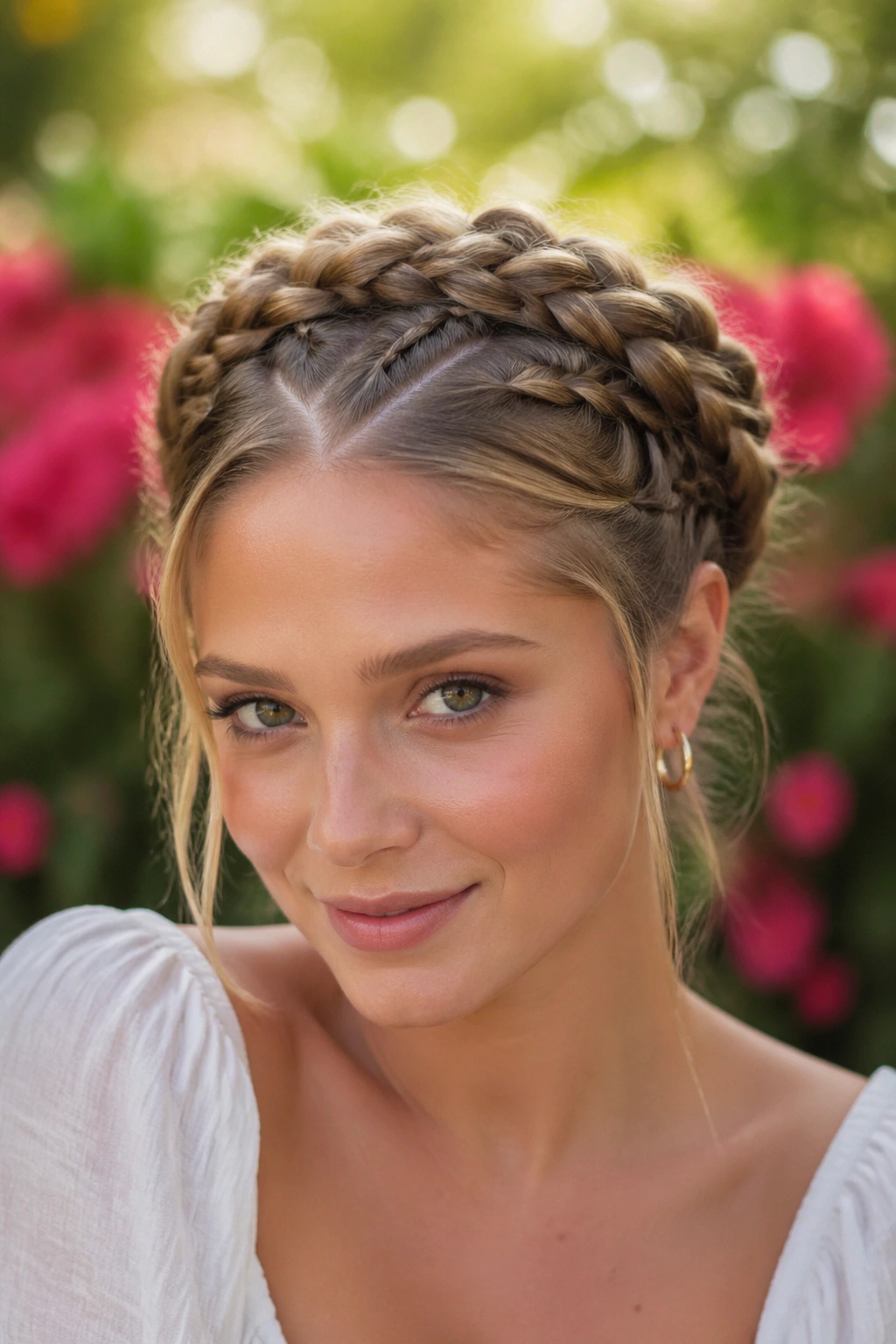 Close-up of a real woman with zigzag-part circle braid