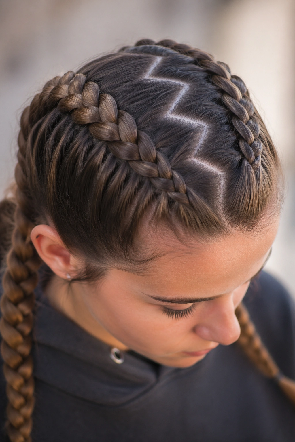Twin Dutch braids with zigzag crown part on a real person.
